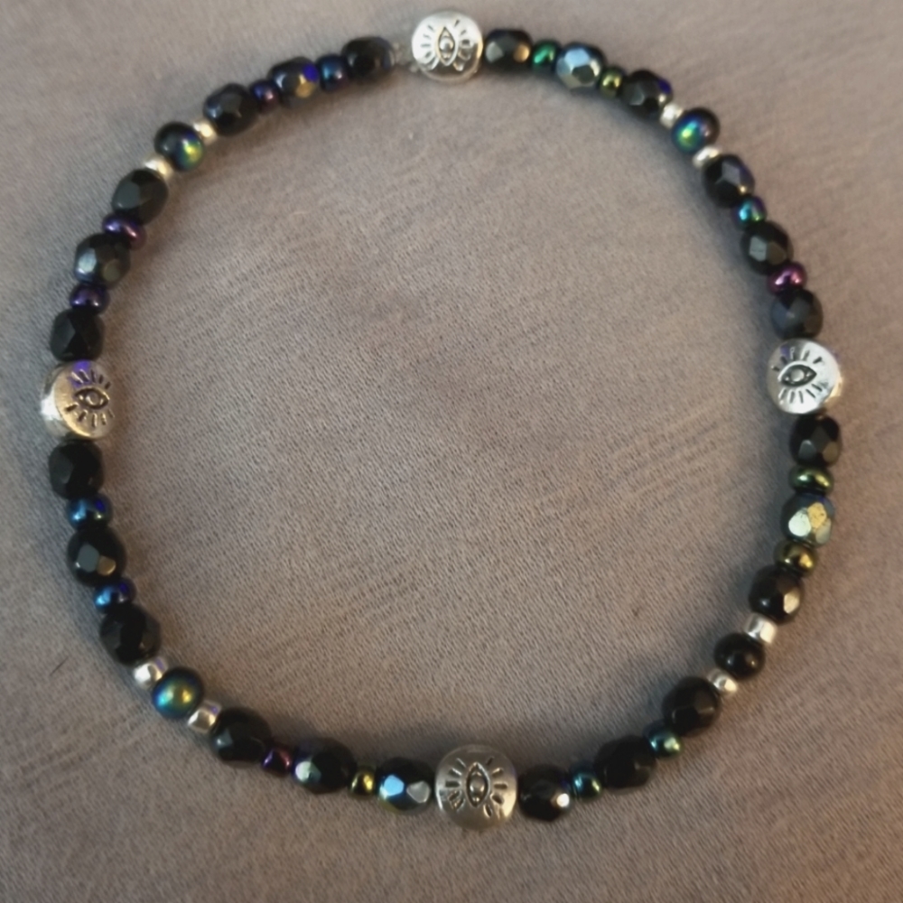 Beaded Bracelet Silver plate Eye of Protection hand crafted
